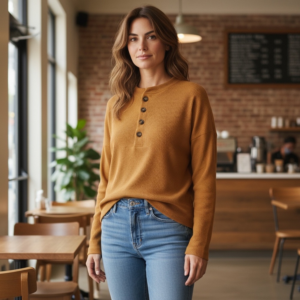 Texture & Thread from Madewell Women’s Henley Shirt Top Fall Cabin Core Warm